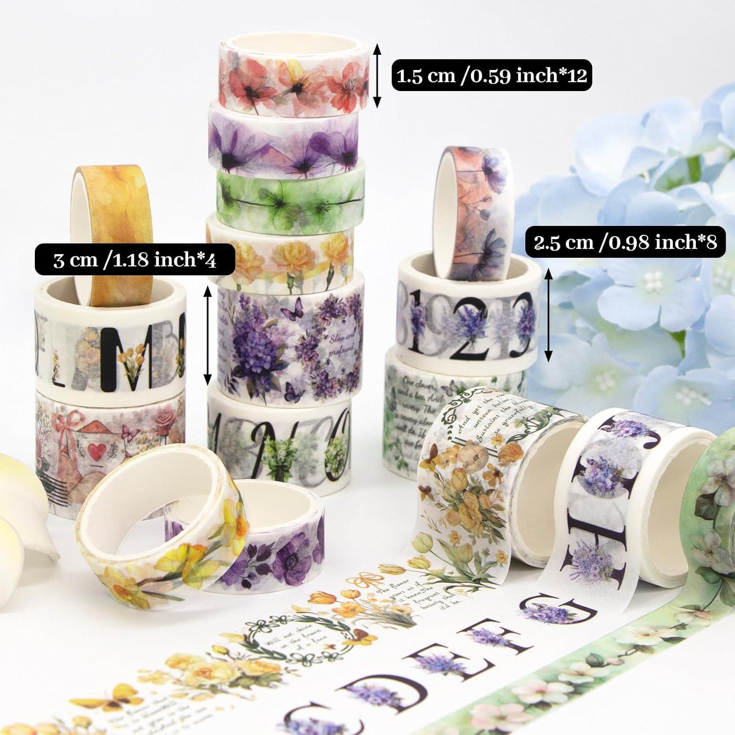 Juego de 24 Rollos de Cinta Washi Floral Ieebee 3cm 4rollos