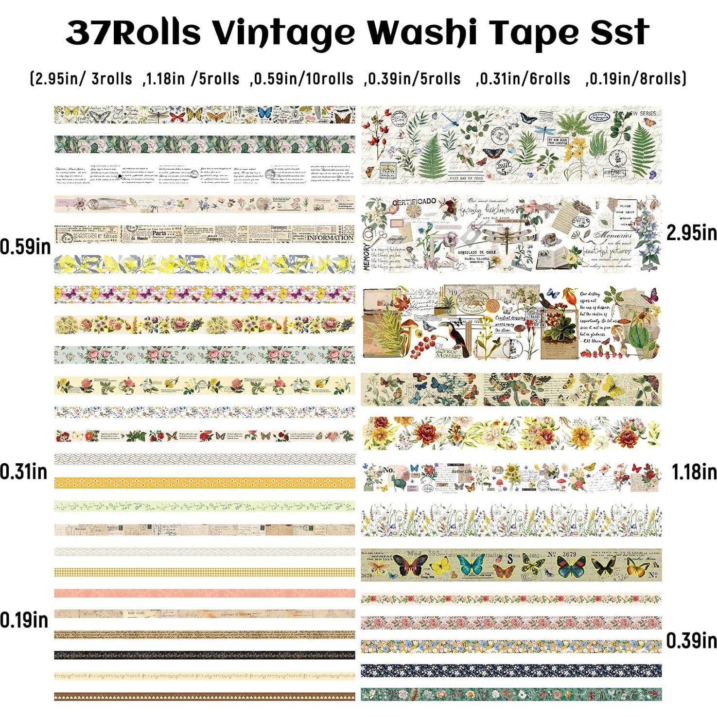 Conjunto de 37 Rollos de Cinta Washi Vintage MPOPUUL - Decorativa Floral y Botánica