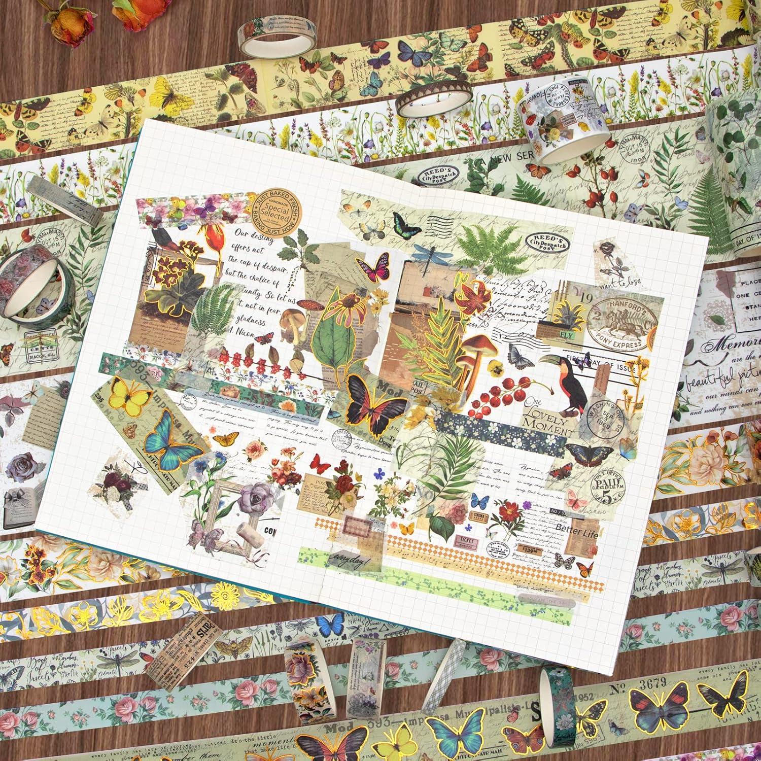 Conjunto de 37 Rollos de Cinta Washi Vintage MPOPUUL - Decorativa Floral y Botánica