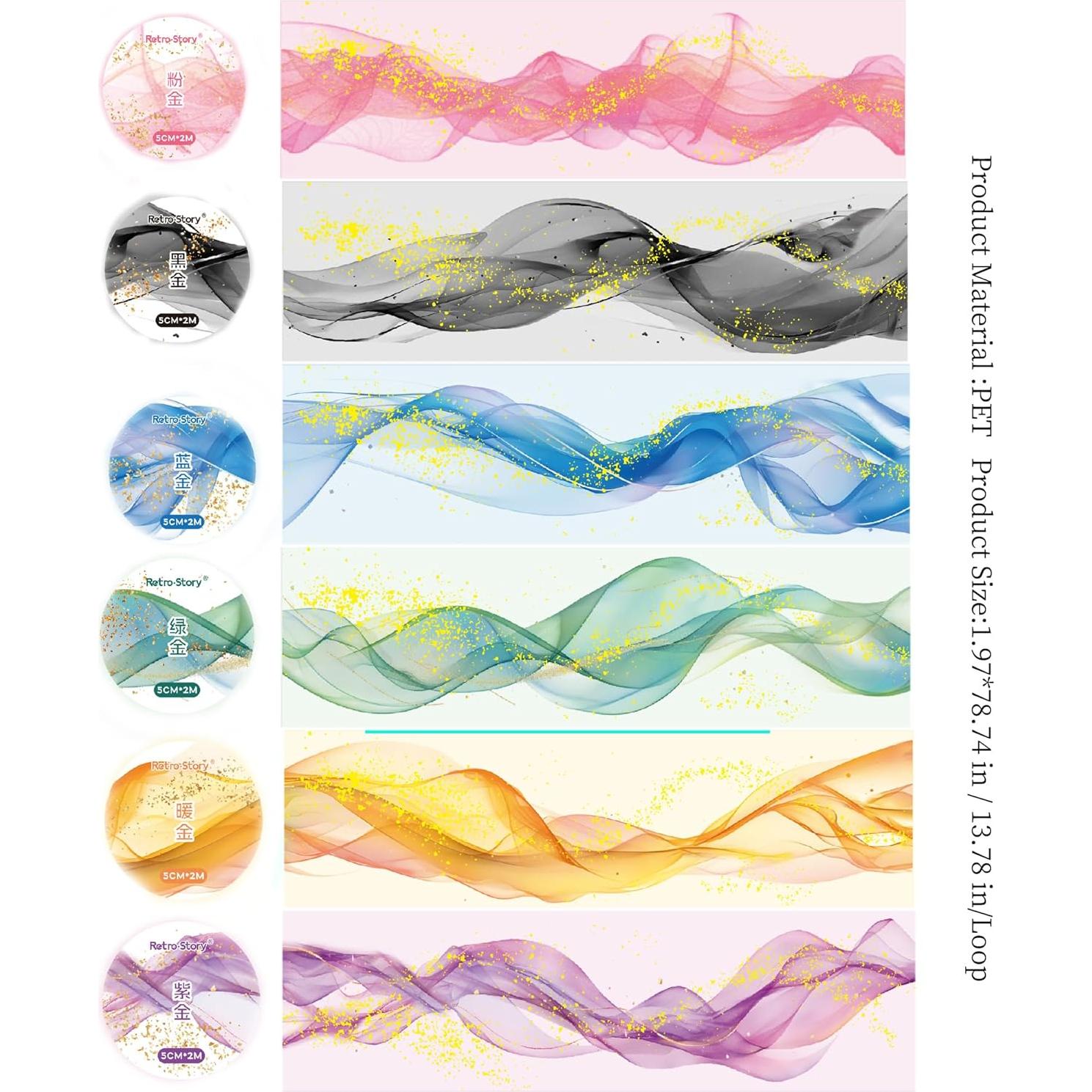 Juego de 6 Rollos de Cinta Washi Autoadhesiva Oro Fluido