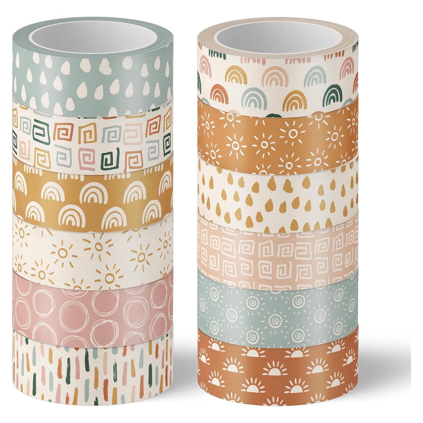 12 Rollos Cinta Washi Boho Retro Sol Arcoíris 5m x 1.5cm