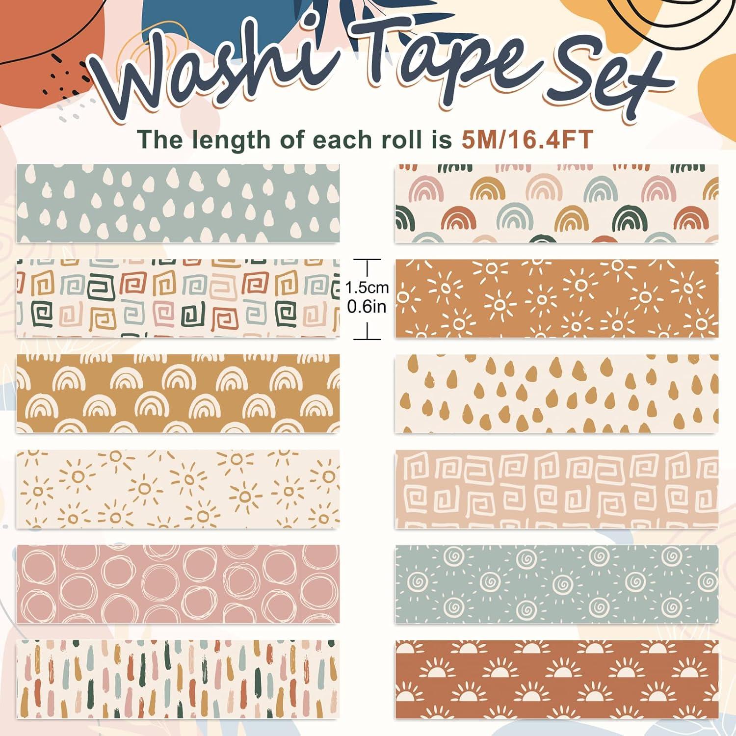 12 Rollos Cinta Washi Boho Retro Sol Arcoíris 5m x 1.5cm