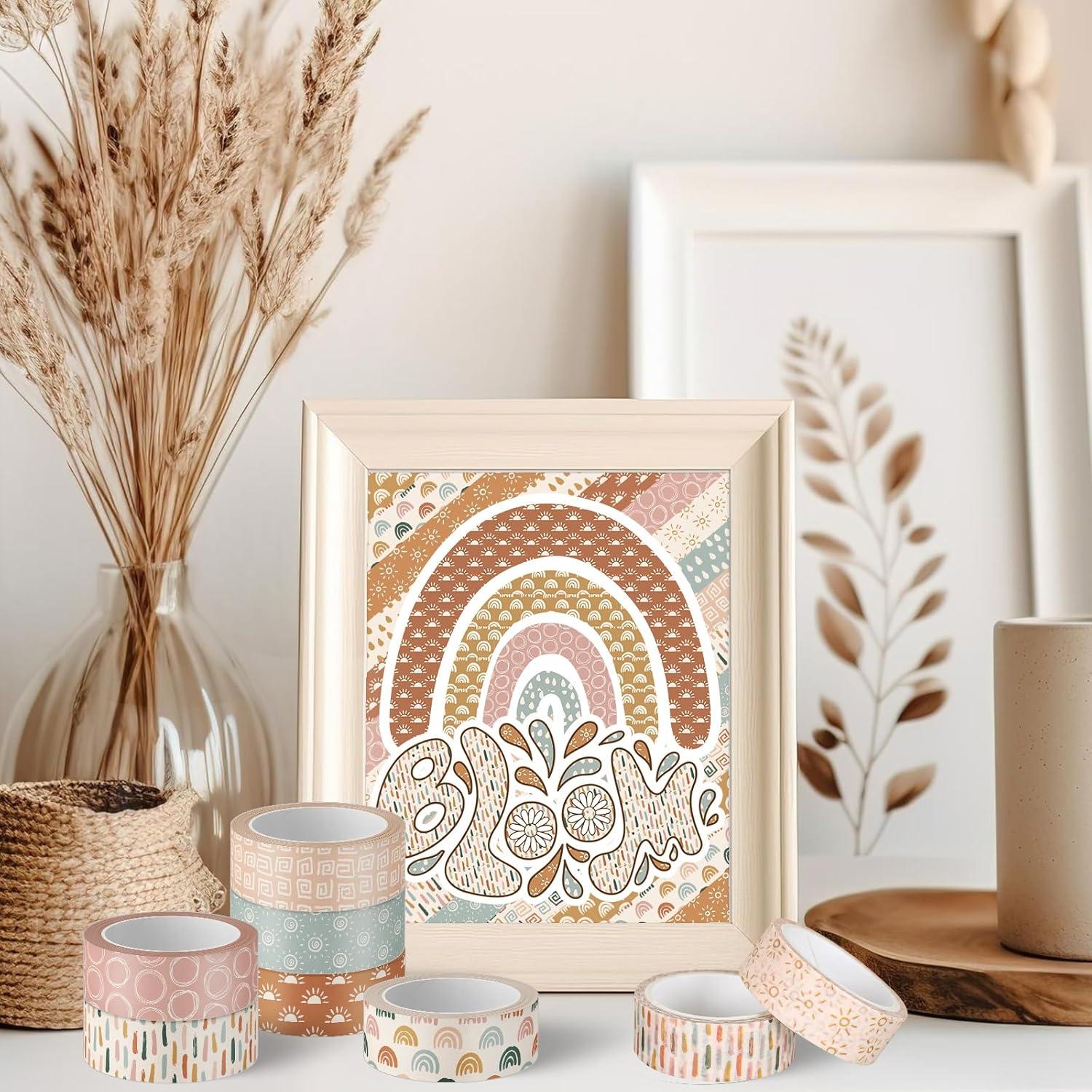 12 Rollos Cinta Washi Boho Retro Sol Arcoíris 5m x 1.5cm