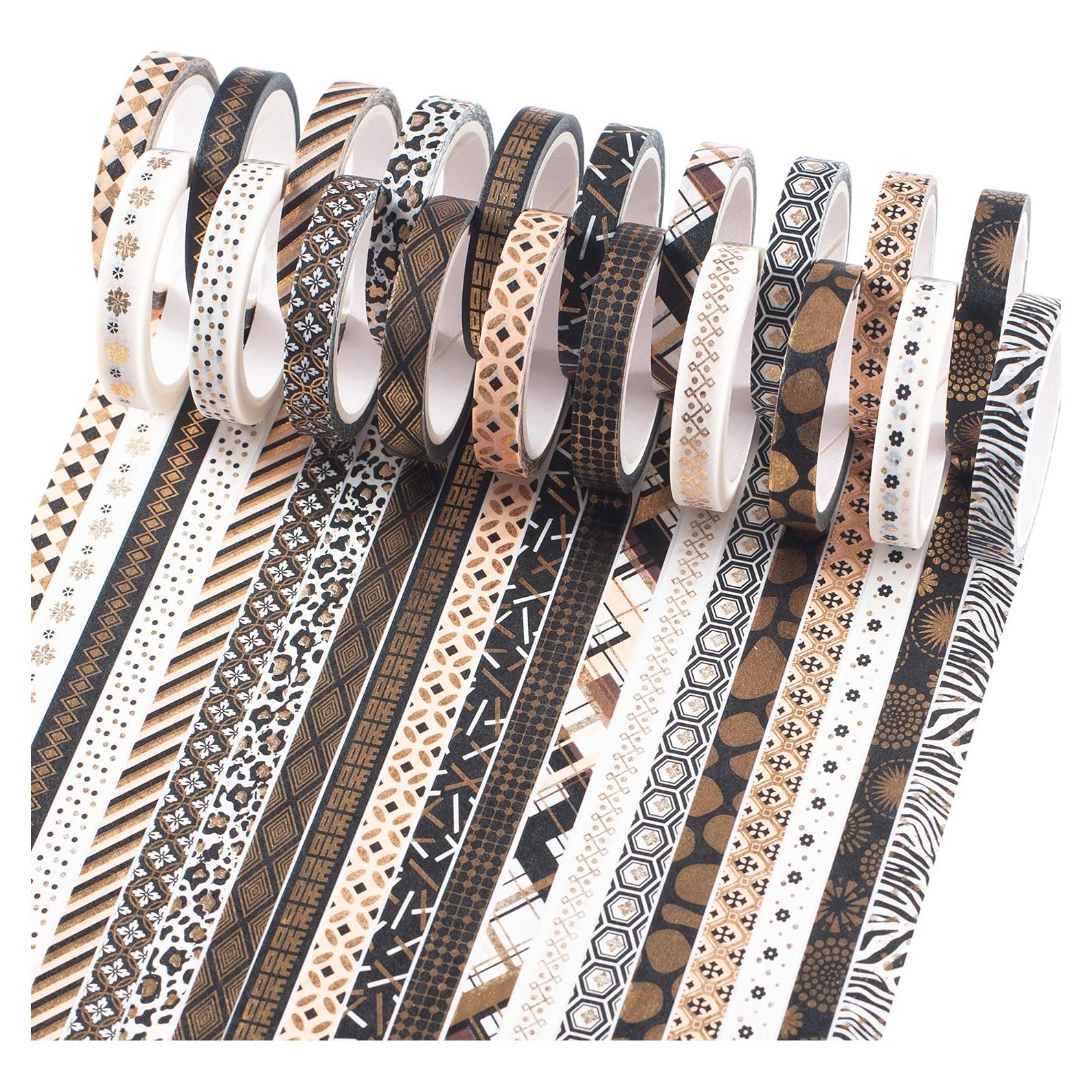 Set de 20 Rollos de Cinta Washi YUBX 7mm Foil Negro Dorado