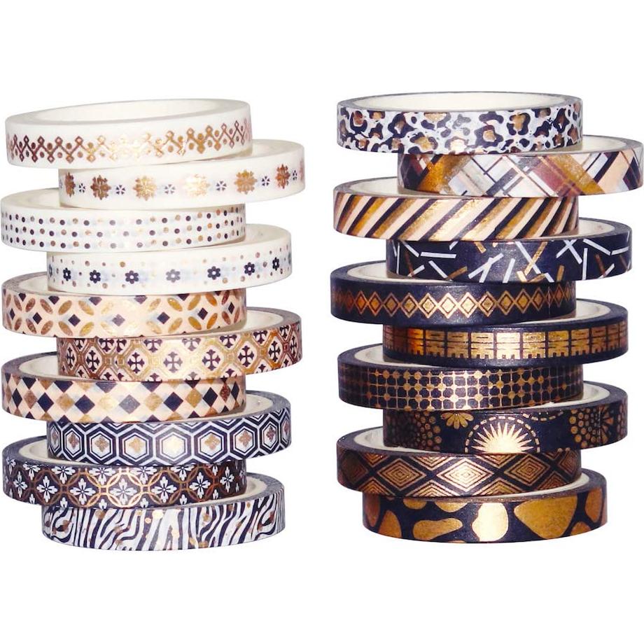 Set de 20 Rollos de Cinta Washi YUBX 7mm Foil Negro Dorado