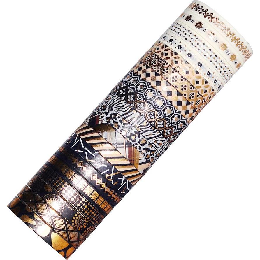 Set de 20 Rollos de Cinta Washi YUBX 7mm Foil Negro Dorado