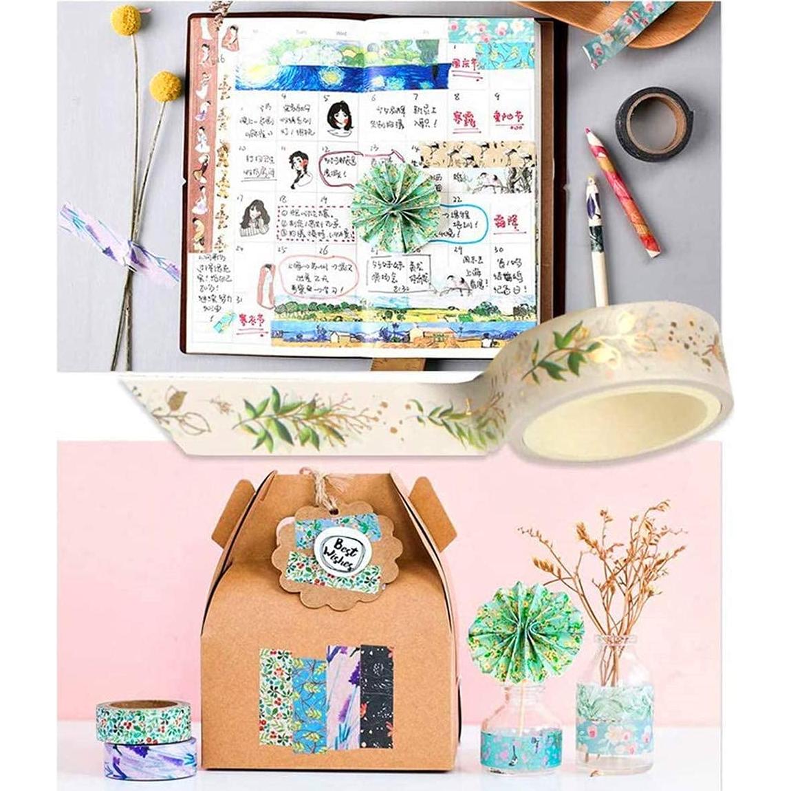 Cinta Washi YUBX Flores 15mm x 5m - 6 Rollos con Foil Dorado