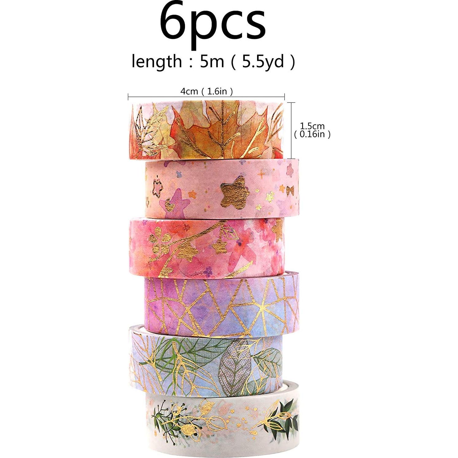 Cinta Washi YUBX Flores 15mm x 5m - 6 Rollos con Foil Dorado