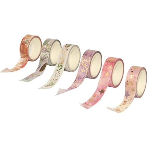Cinta Washi YUBX Flores 15mm x 5m - 6 Rollos con Foil Dorado
