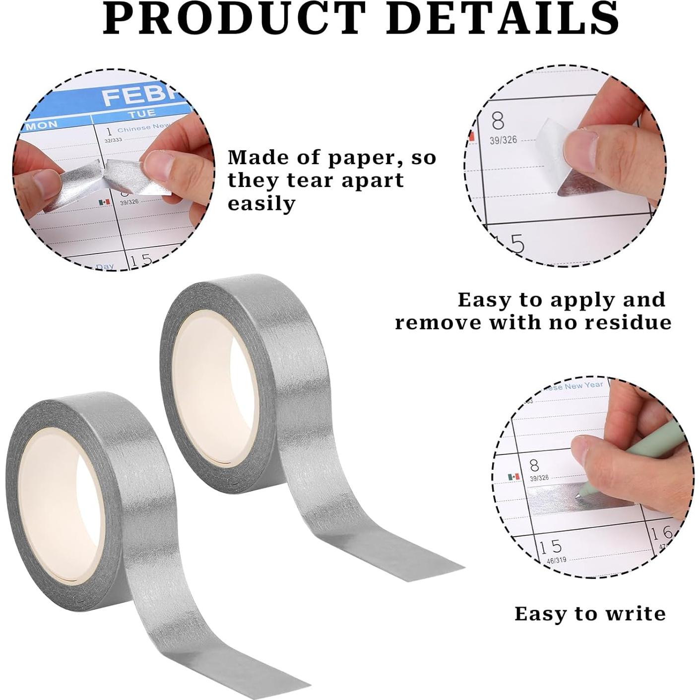 2 Rollos de Cinta Washi Metálica Plateada 1.5cm x 10m