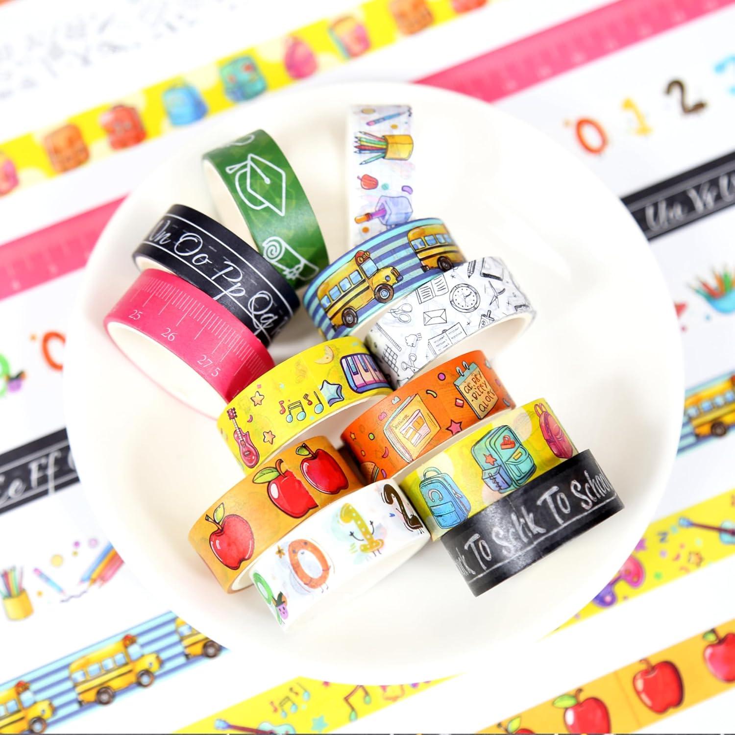 12 Rollos de Cinta Washi Escolar NIKOMIE 15mm x 3m Colorida