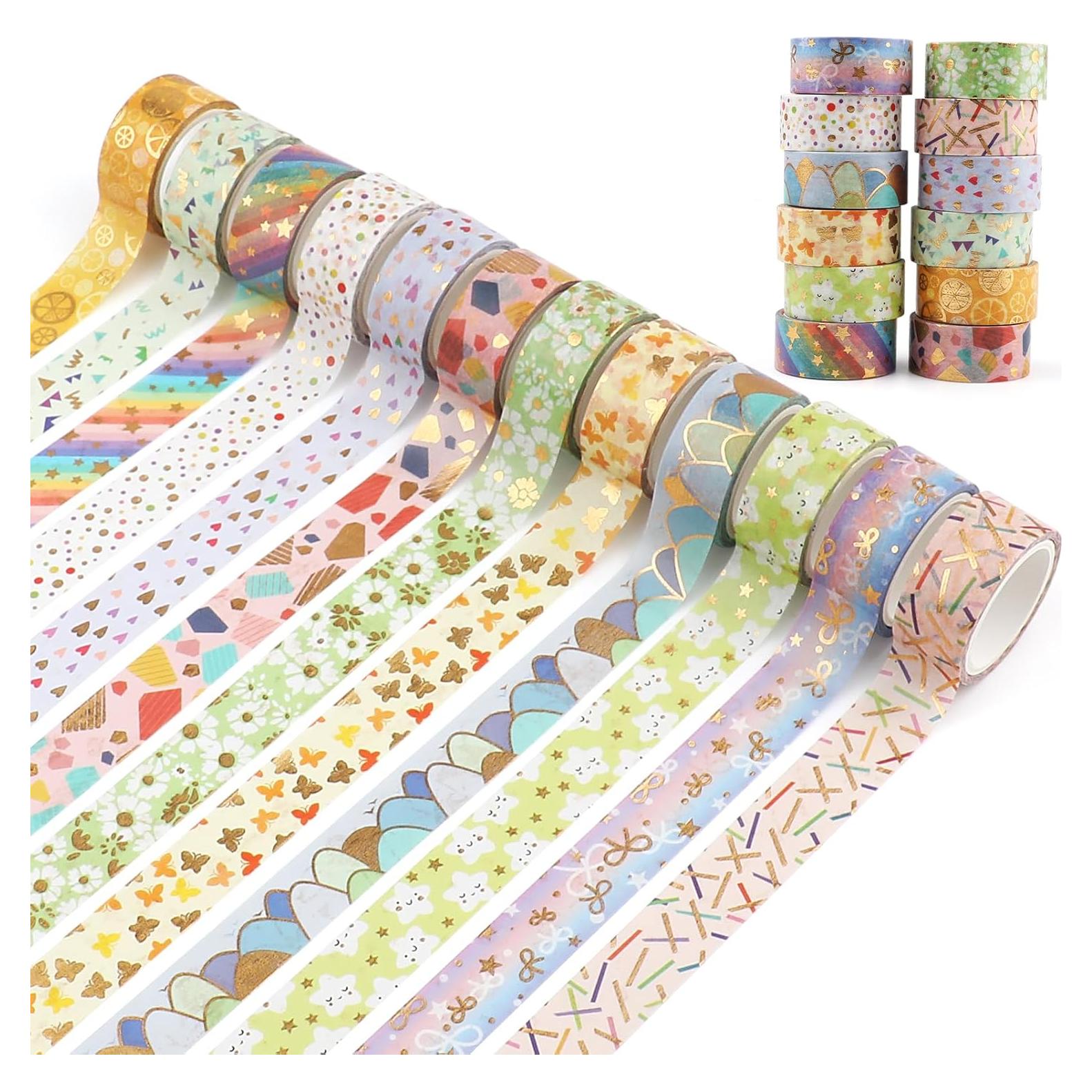 Juego de 12 Rollos de Cinta Washi Floral Dorada 15mm