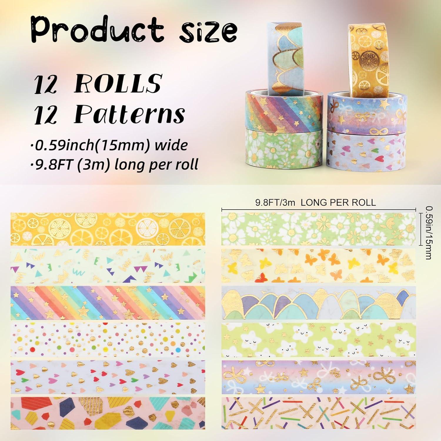 Juego de 12 Rollos de Cinta Washi Floral Dorada 15mm