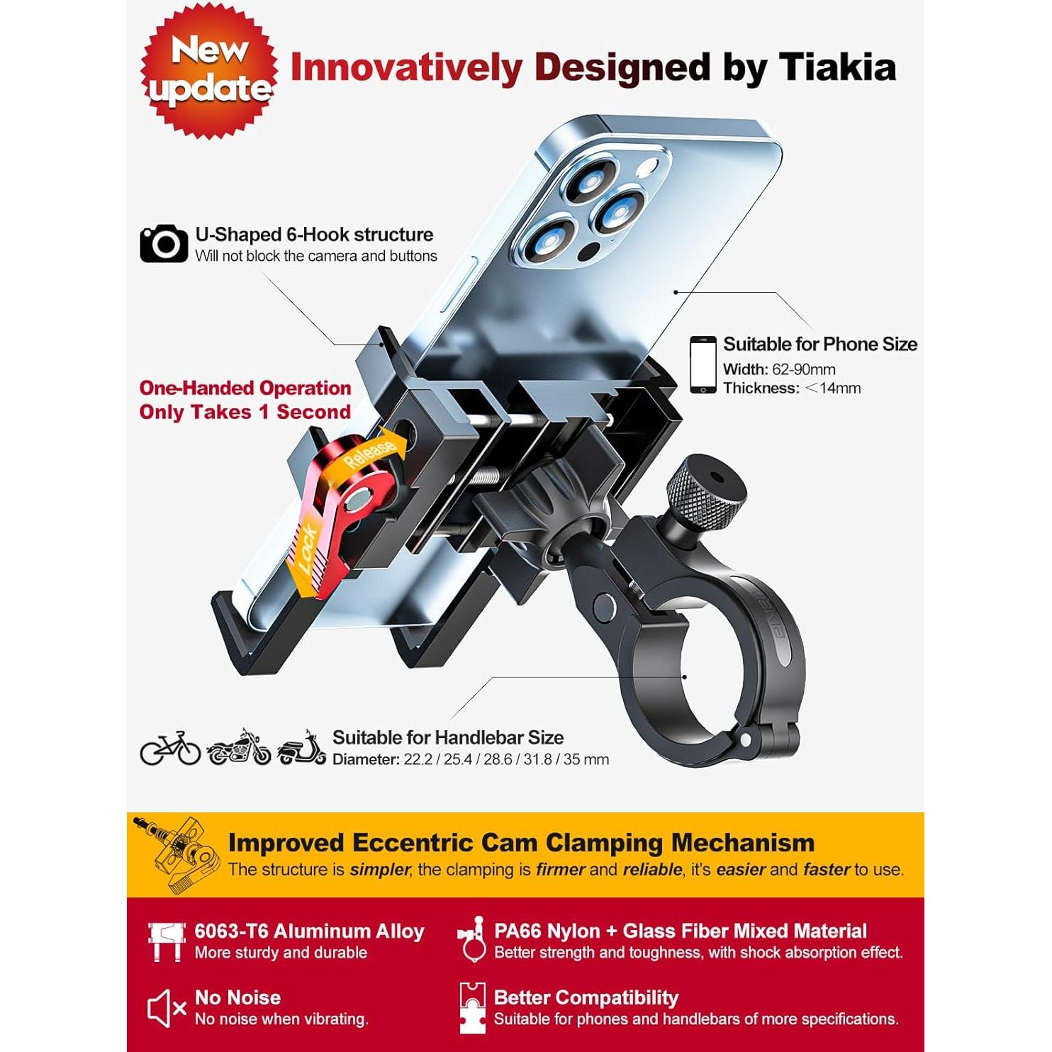 Soporte para teléfono de bicicleta Tiakia, 4.5-7" rotación 360°