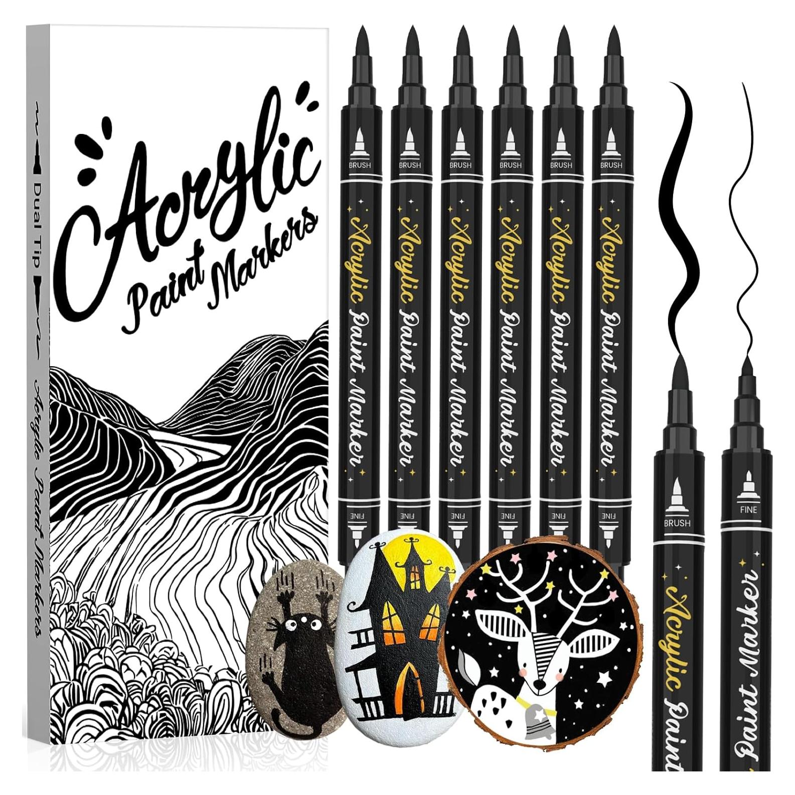 Bolígrafos de Pintura Acrílica Negra AKARUED 6 Pack Doble Punta