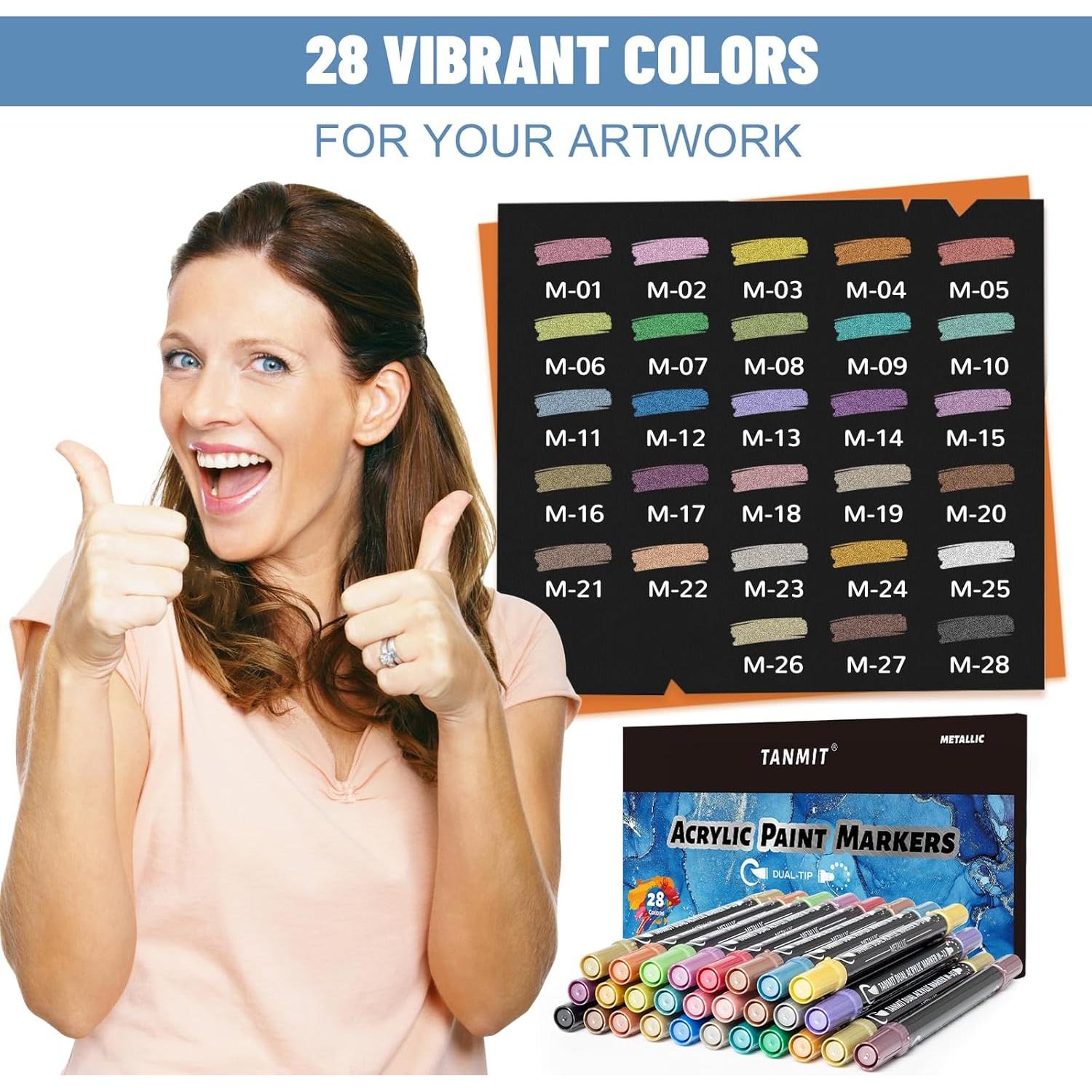 28 Marcadores Acrílicos Metálicos TANMIT Doble Punta 371g