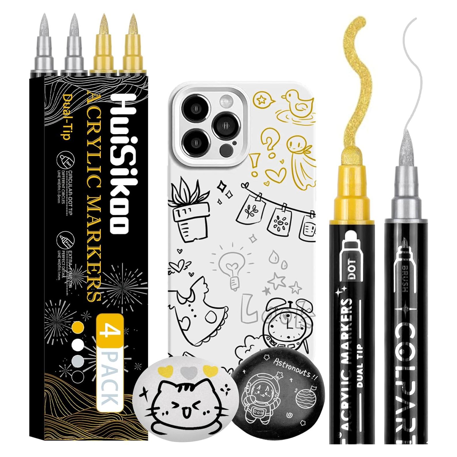 Marcadores de Pintura Acrílica HuiSikoo Doble Punta 4 Unidades Oro/Plata