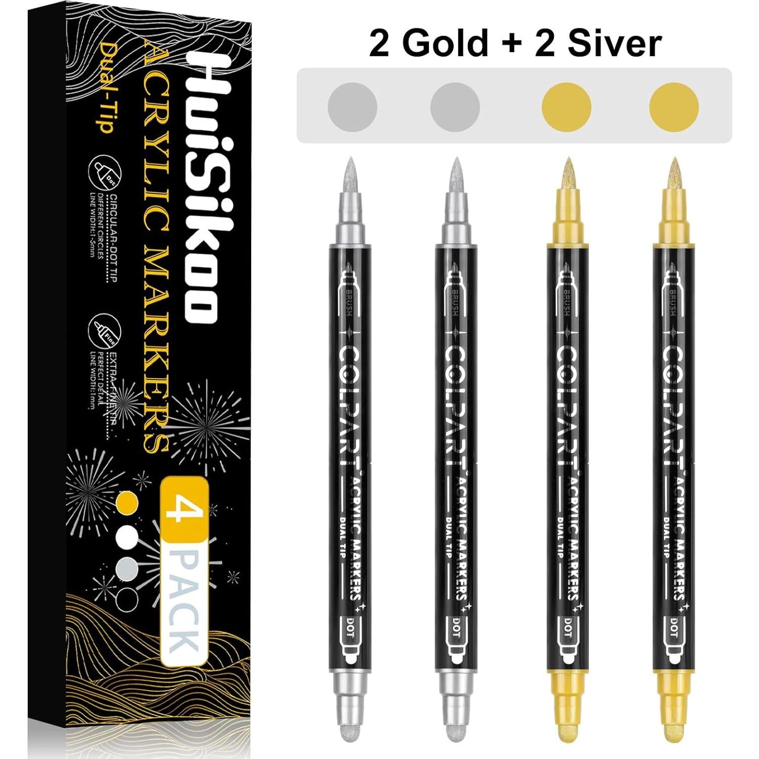 Marcadores de Pintura Acrílica HuiSikoo Doble Punta 4 Unidades Oro/Plata