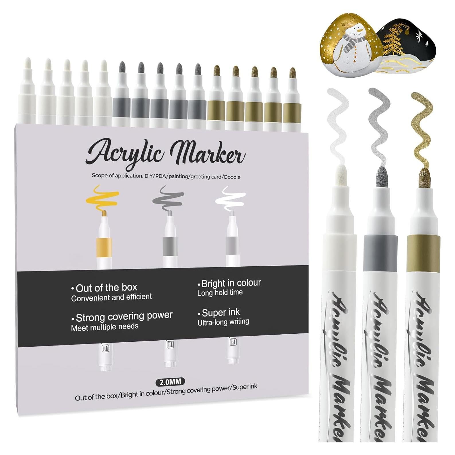 Juego de 15 Marcadores Acrílicos Metálicos Nauets - 5 Dorados, 5 Plateados, 5 Blancos