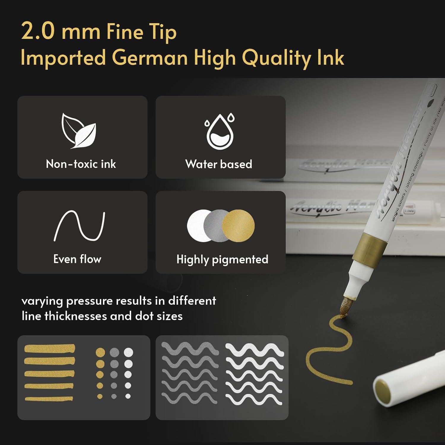 Juego de 15 Marcadores Acrílicos Metálicos Nauets - 5 Dorados, 5 Plateados, 5 Blancos