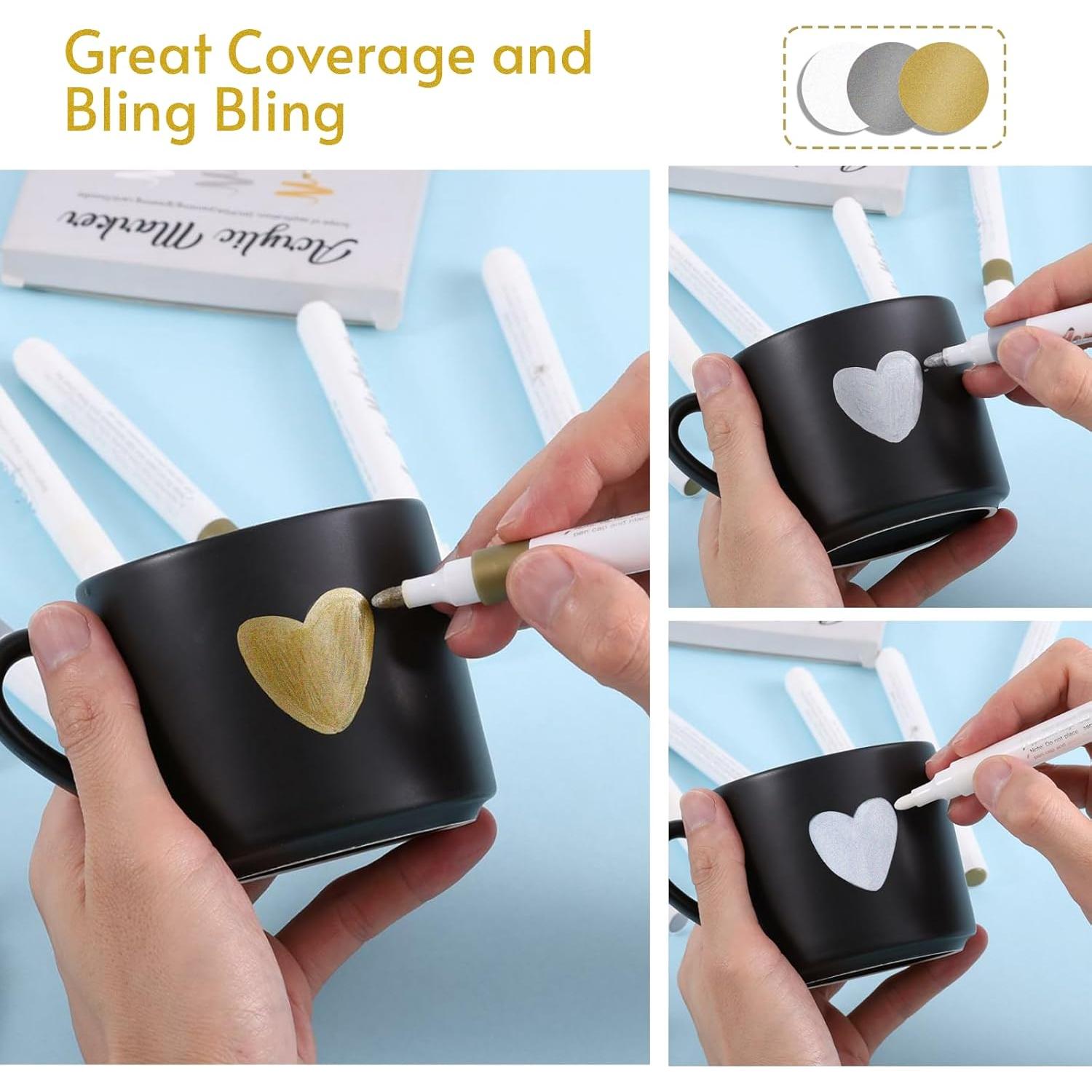 Juego de 15 Marcadores Acrílicos Metálicos Nauets - 5 Dorados, 5 Plateados, 5 Blancos