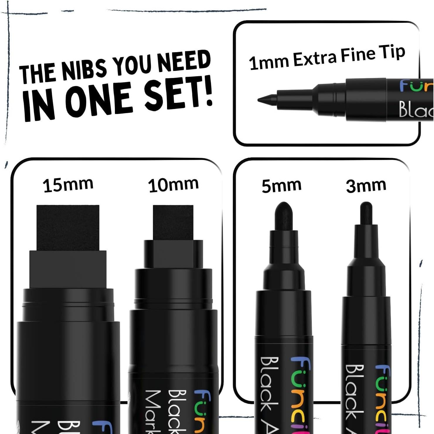 Set de 5 Marcadores de Pintura Acrílica Negra Funcils - Punta Fina y Jumbo