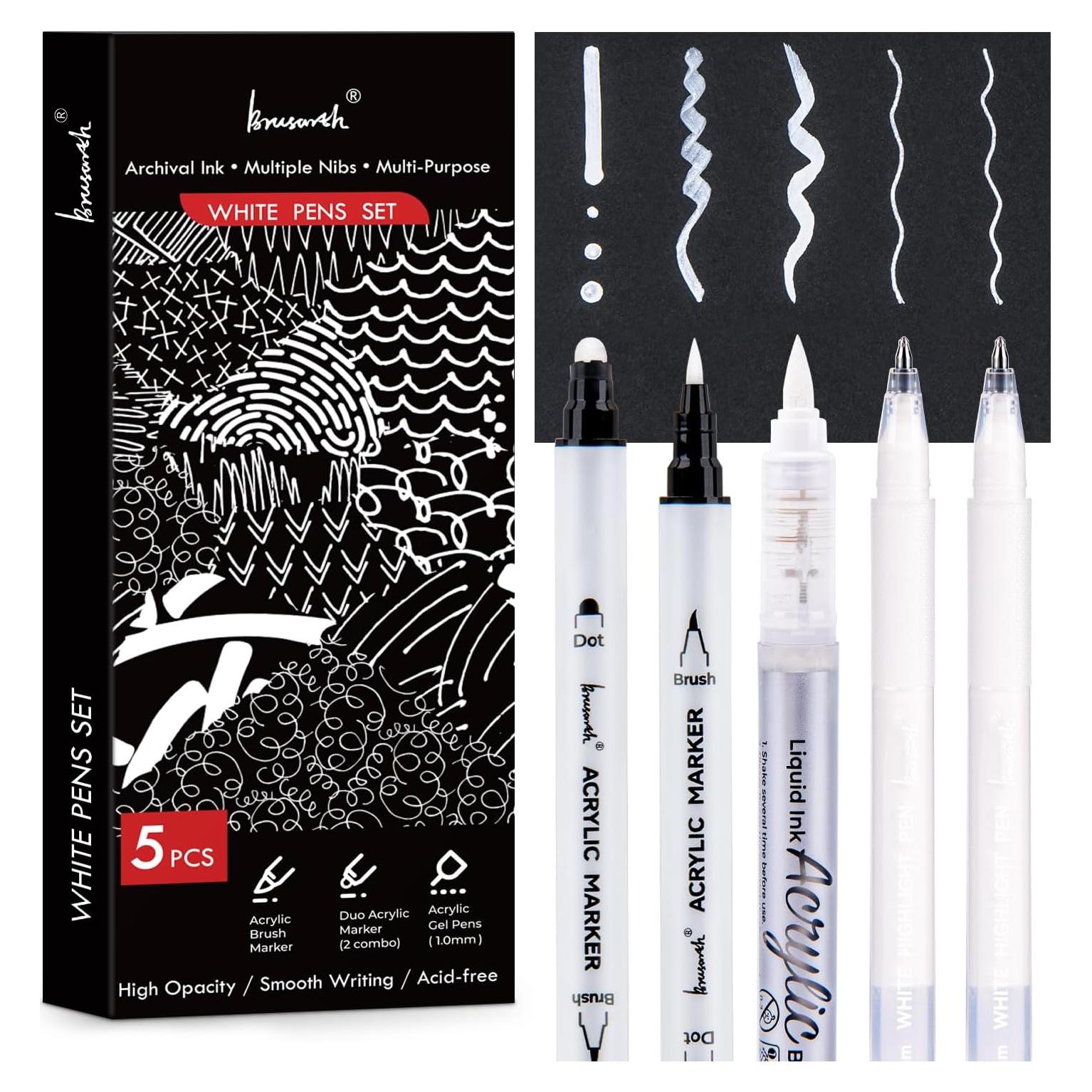 Juego de 5 Bolígrafos Blancos Brusarth - Gel y Acrílico