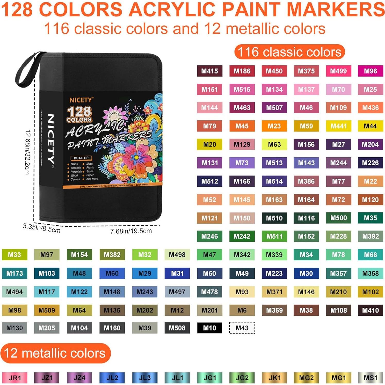 Marcadores Acrílicos NICETY 128 Colores Doble Punta 0.5-5mm