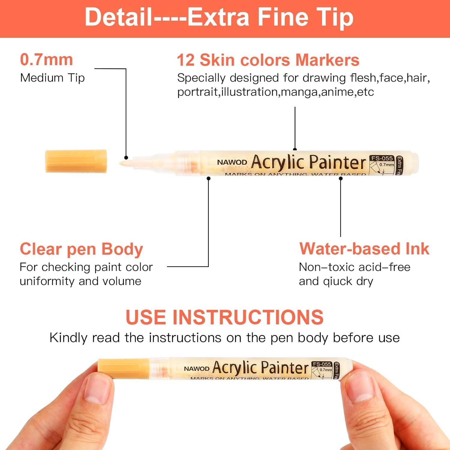 Marcadores de Tono de Piel NAWOD, Juego de 12, Punta Extra Fina