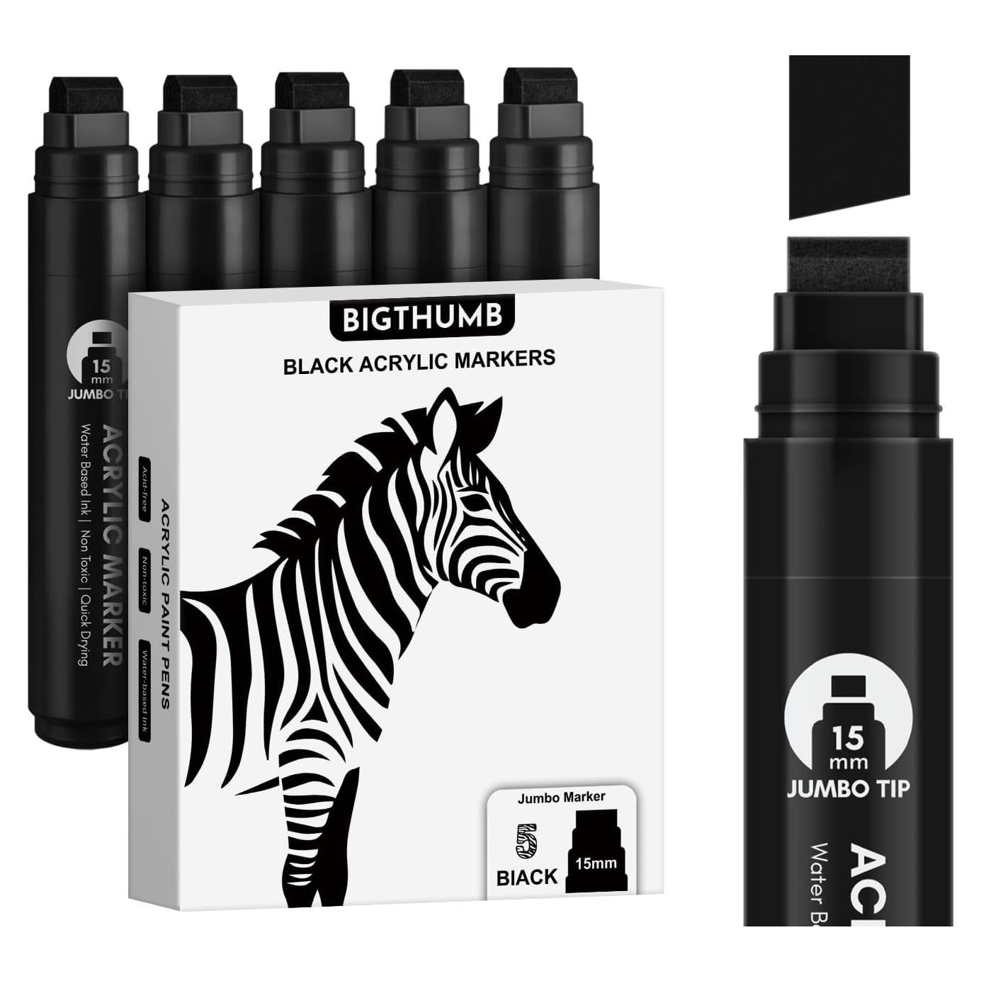 Marcadores de Póster Jumbo Negros BIGTHUMB - 5 Pcs Punta 15mm