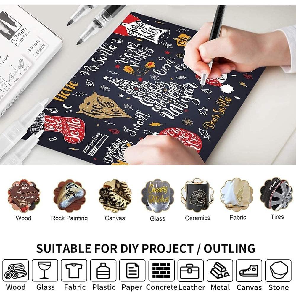 Marcadores de Pintura Acrílica EBOT 0.7mm Paquete de 6 Negro y Blanco