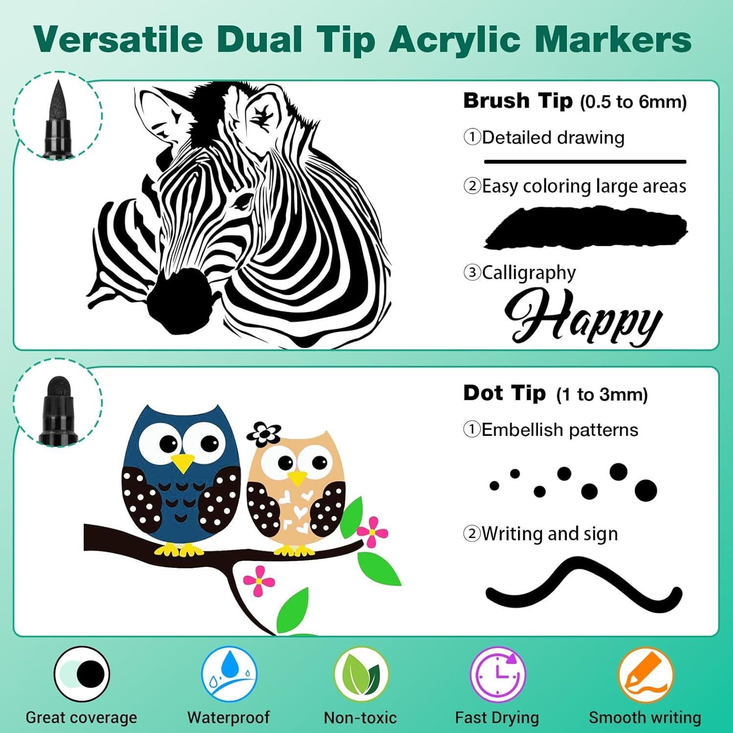 Marcadores Acrílicos Permanentes AKARUED - Paquete de 12 - Punta Doble