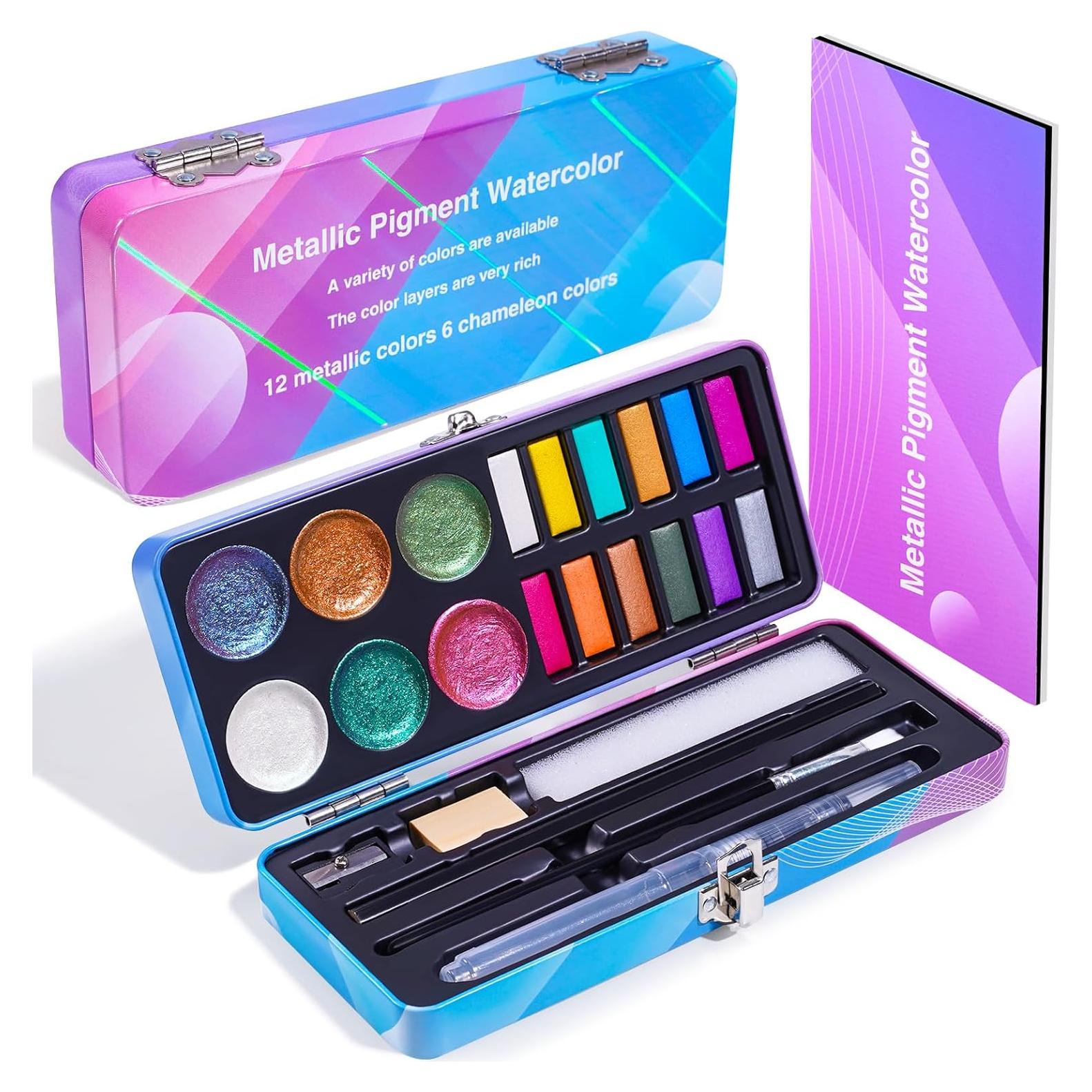 Watercolor Paint Set,18 Colors Glitter Watercolor Paint(12 Metallic Colors and 6 Chameleon Colors),Portable Travel Watercolor Set with Water Brush Pen,Pencil,Eraser,Watercolor Paper,for Adult Beginner
