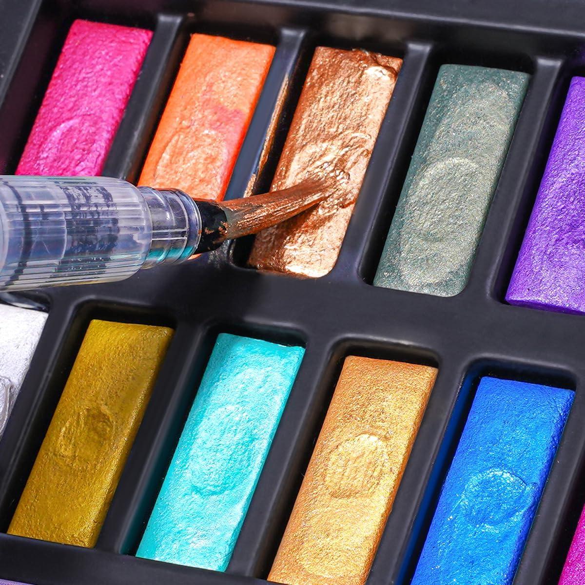 Watercolor Paint Set,18 Colors Glitter Watercolor Paint(12 Metallic Colors and 6 Chameleon Colors),Portable Travel Watercolor Set with Water Brush Pen,Pencil,Eraser,Watercolor Paper,for Adult Beginner