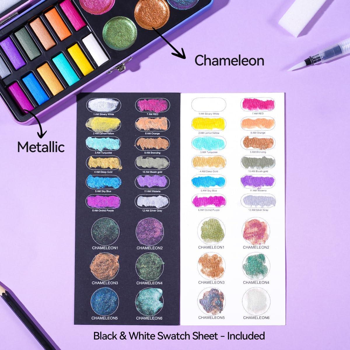 Watercolor Paint Set,18 Colors Glitter Watercolor Paint(12 Metallic Colors and 6 Chameleon Colors),Portable Travel Watercolor Set with Water Brush Pen,Pencil,Eraser,Watercolor Paper,for Adult Beginner