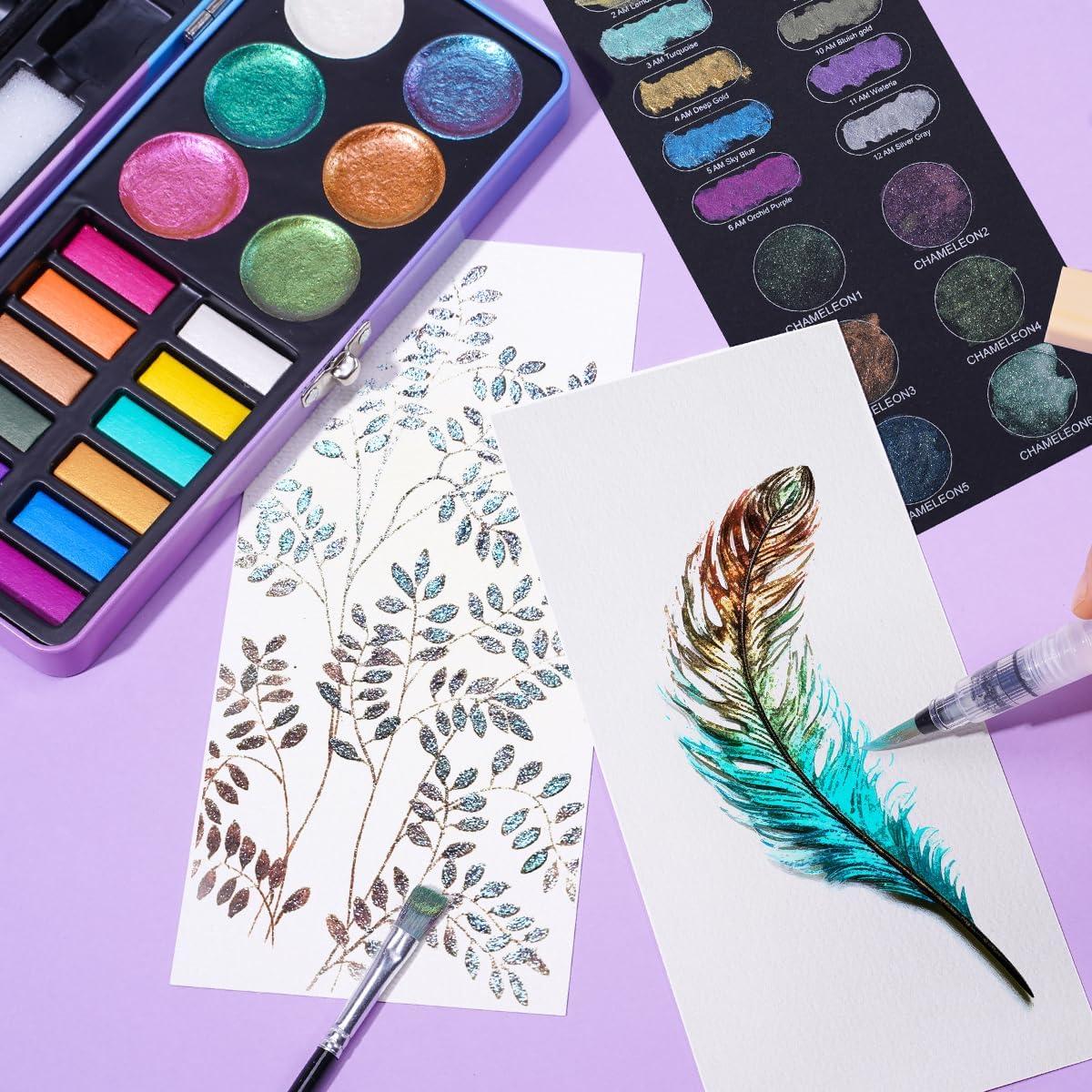 Watercolor Paint Set,18 Colors Glitter Watercolor Paint(12 Metallic Colors and 6 Chameleon Colors),Portable Travel Watercolor Set with Water Brush Pen,Pencil,Eraser,Watercolor Paper,for Adult Beginner