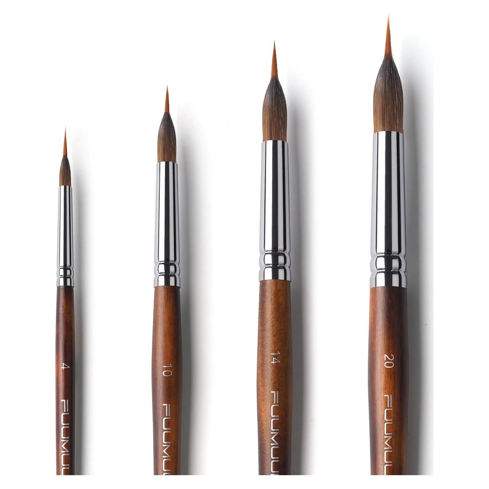 Watercolor Brushes Professional, Fuumuui 4Pcs Extended Needle Point Brushes Synthetic Extra Long Pinhead Brush with Sable Body for Fine Detailing - Watercolor Acrylic Gouache Inks Painting