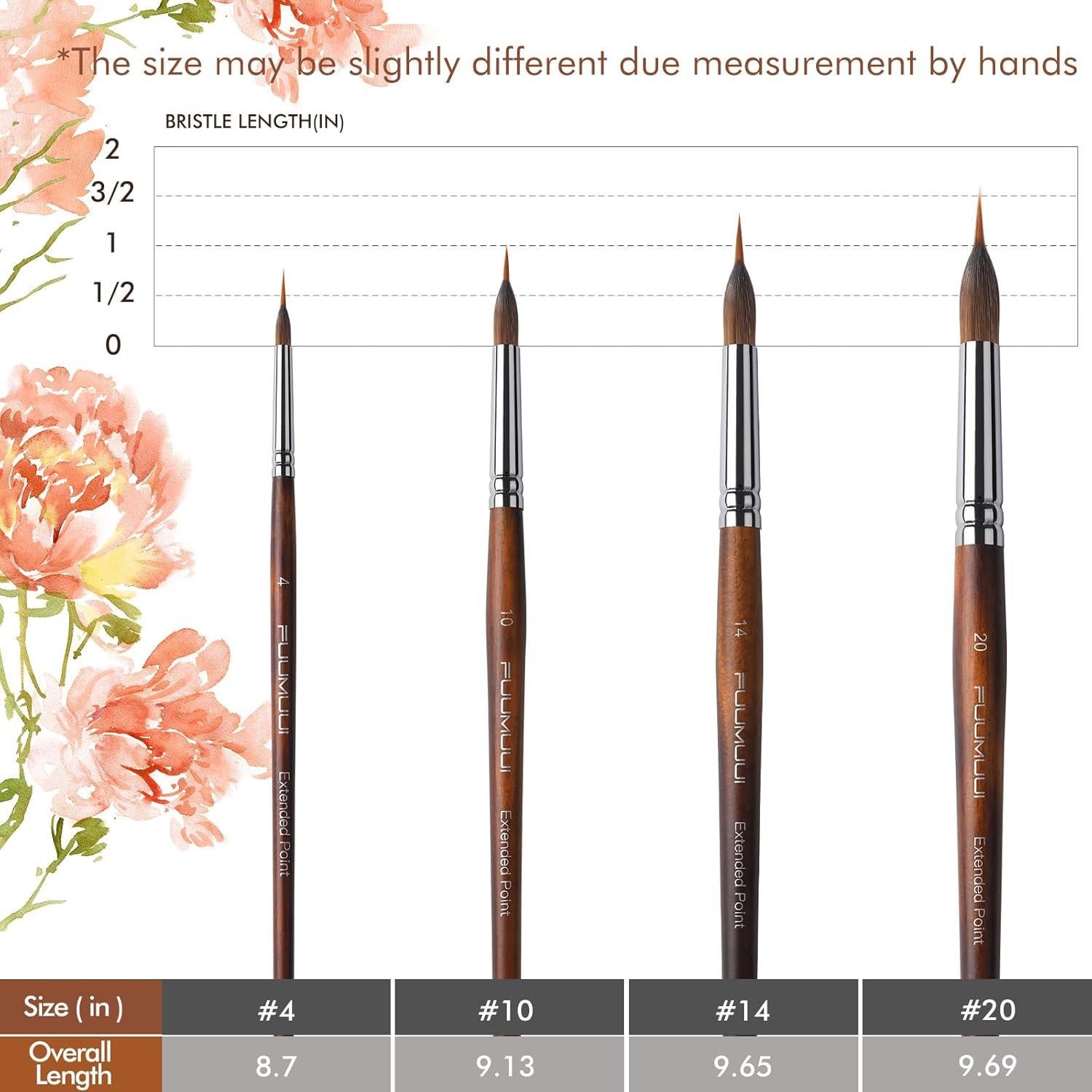 Watercolor Brushes Professional, Fuumuui 4Pcs Extended Needle Point Brushes Synthetic Extra Long Pinhead Brush with Sable Body for Fine Detailing - Watercolor Acrylic Gouache Inks Painting