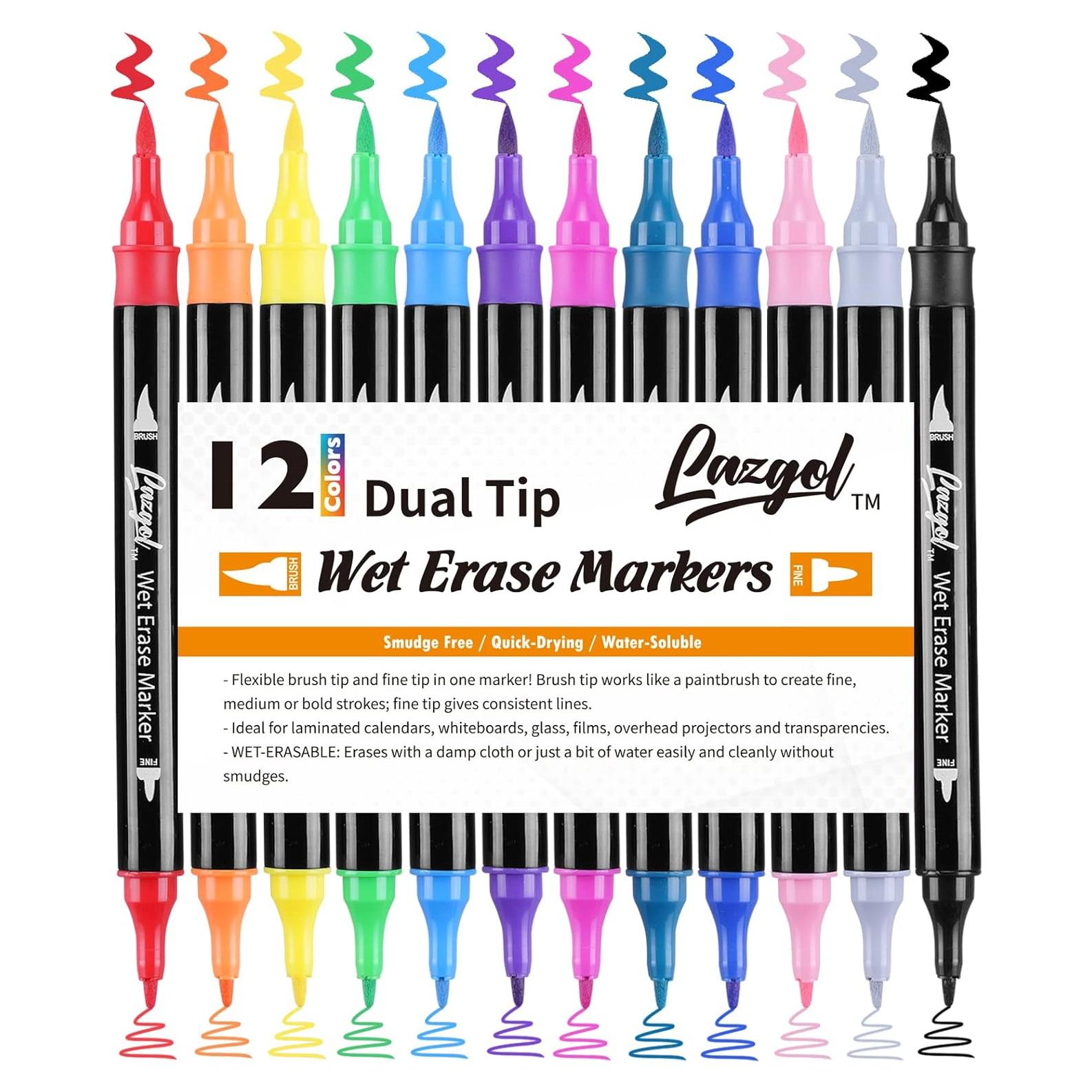 Marcadores de Borrado Húmedo Lazgol 12 Colores Punta Doble