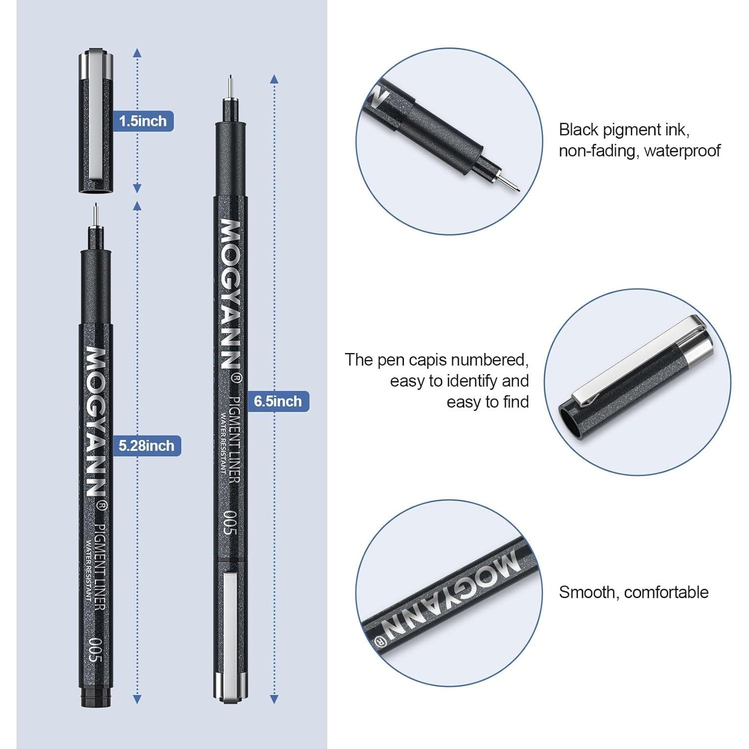 Plumas de Dibujo Mogyann 12 Tamaños Tinta Negra Impermeable