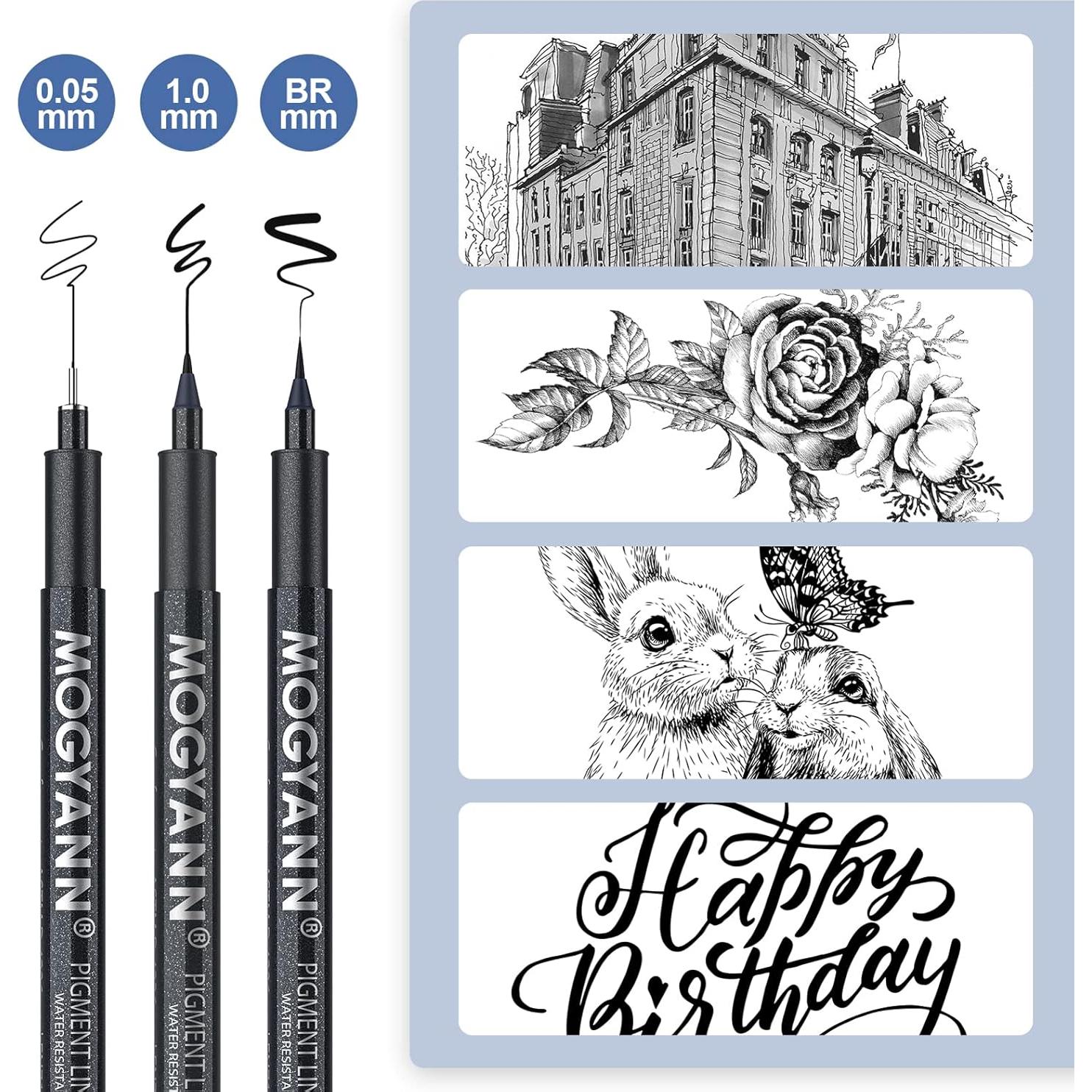 Plumas de Dibujo Mogyann 12 Tamaños Tinta Negra Impermeable