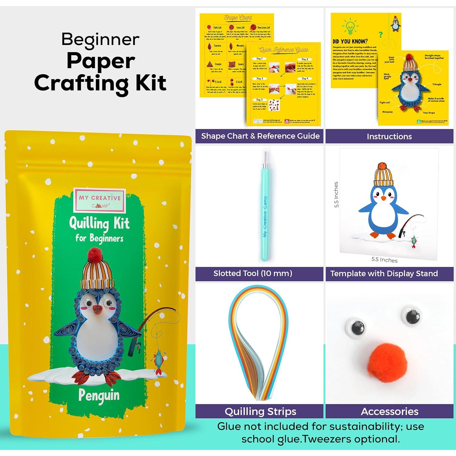 Kit de Quilling de Papel Pingüino My Creative Camp - Manualidades para Niños y Adultos