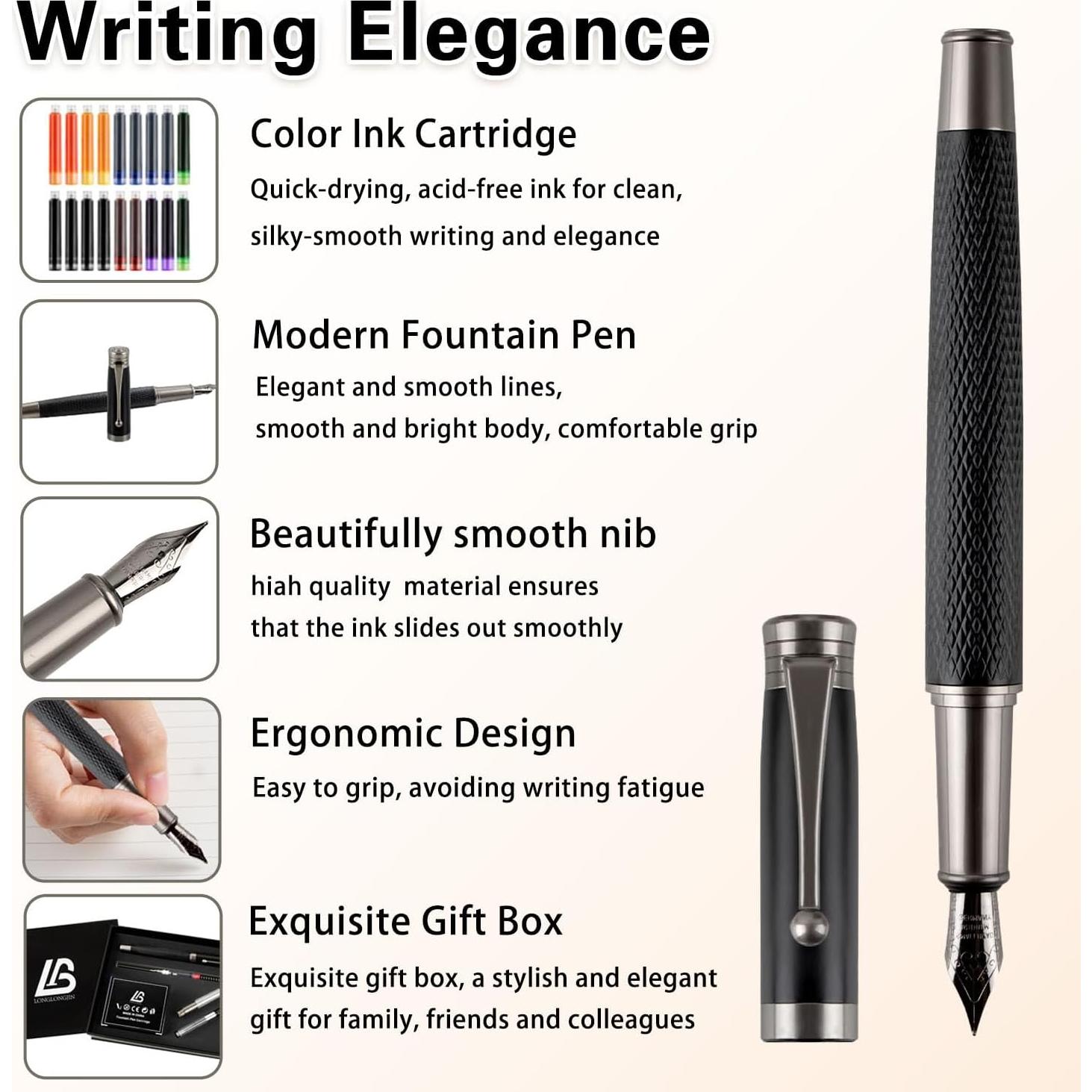 Juego de Pluma Fuente LongLongJin con 2 Plumillas y 18 Cartuchos