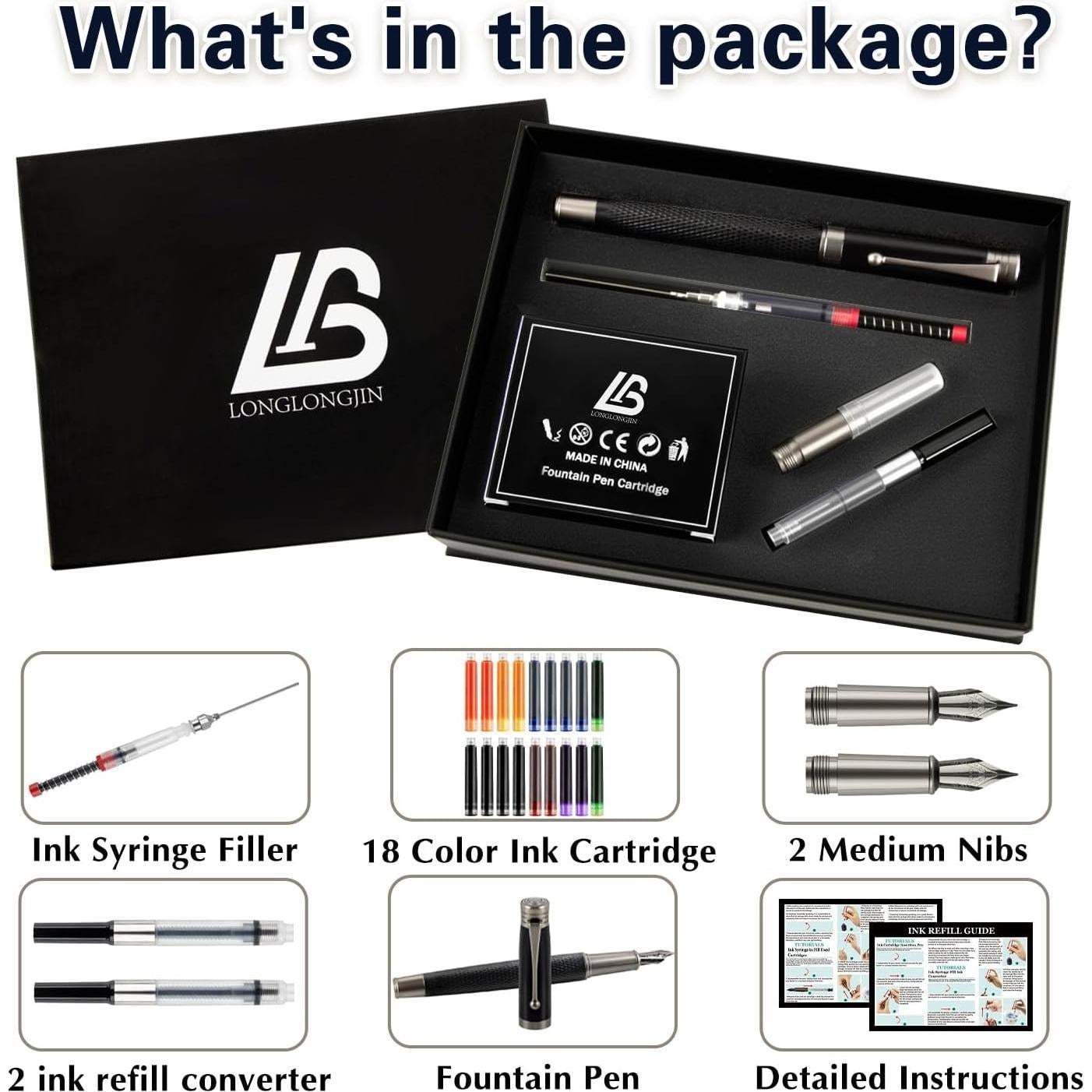 Juego de Pluma Fuente LongLongJin con 2 Plumillas y 18 Cartuchos