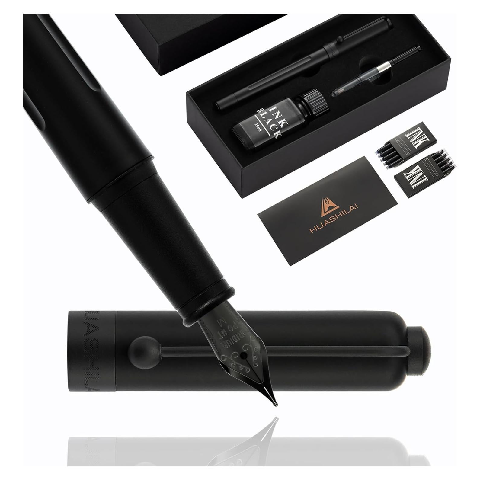 Conjunto de Pluma Fuente HUASHILAI Negro Mate con Tinta y Estuche