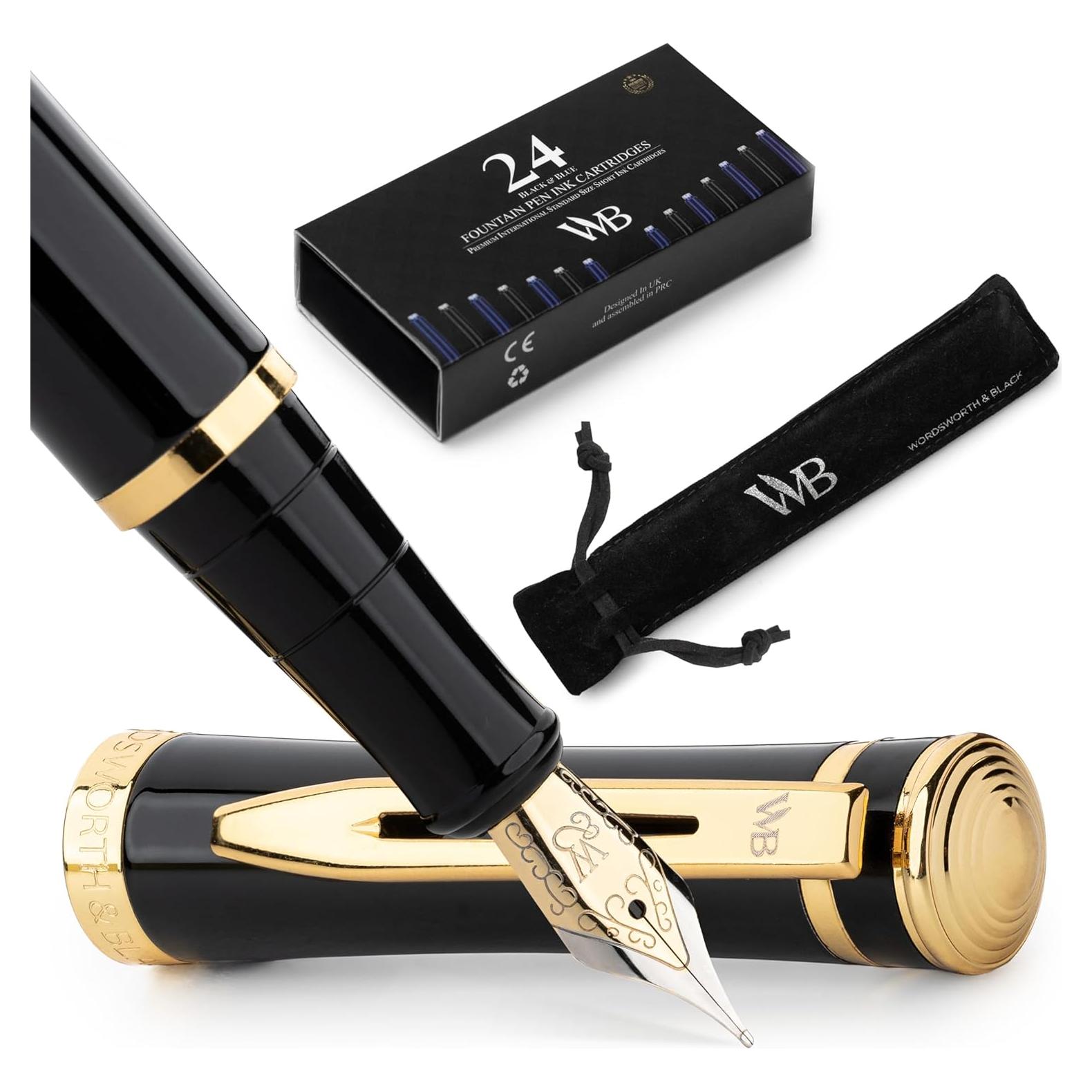 Pluma Fuente Wordsworth & Black, Punta Media 18K, Negro Dorado