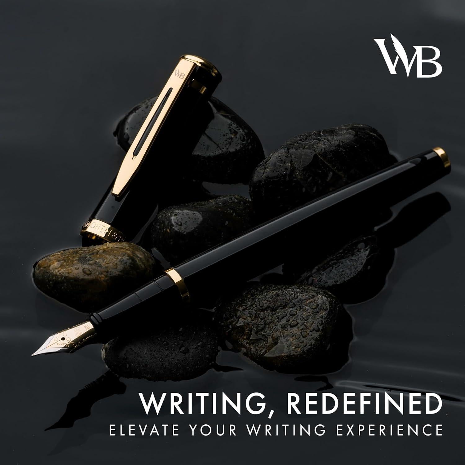 Pluma Fuente Wordsworth & Black, Punta Media 18K, Negro Dorado