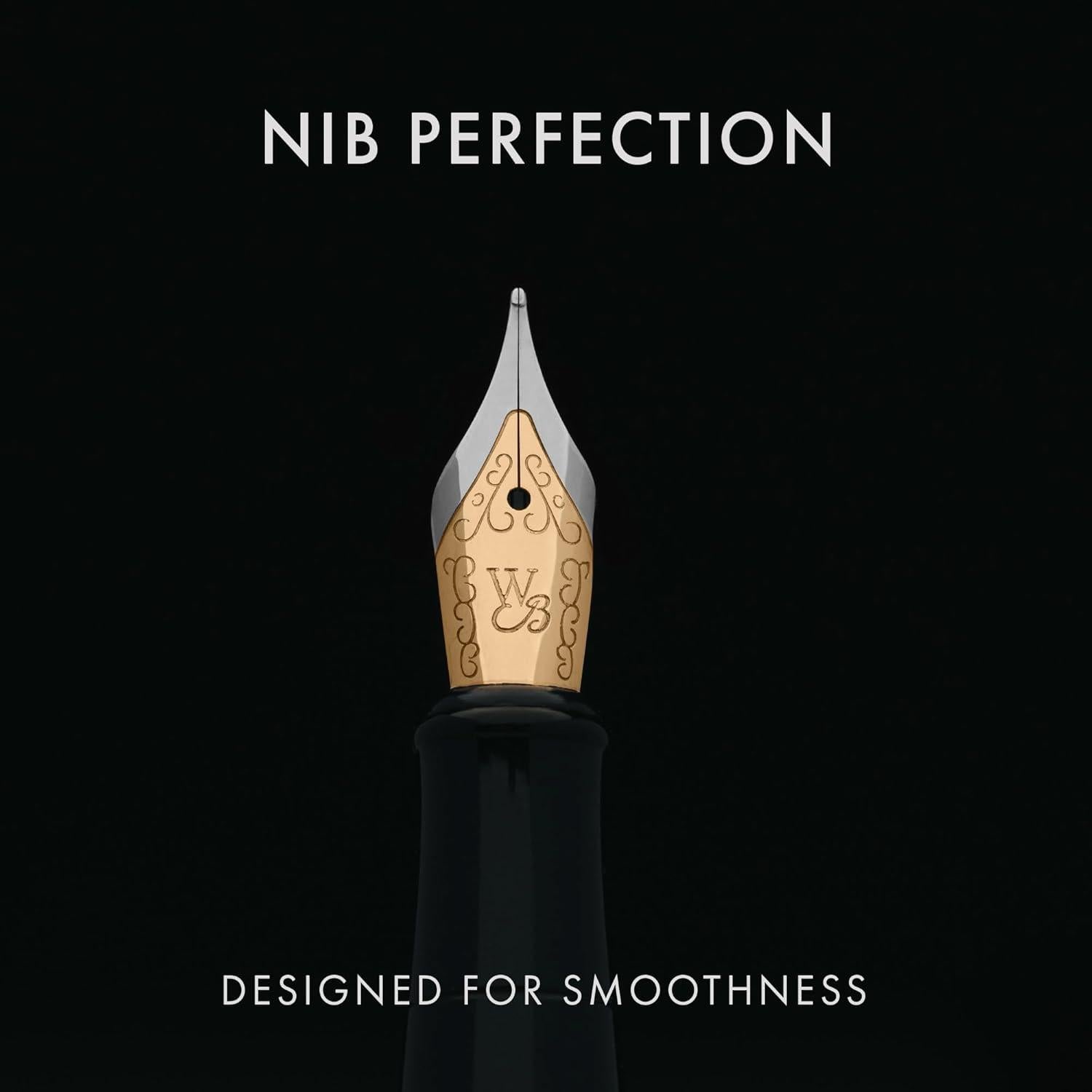 Pluma Fuente Wordsworth & Black, Punta Media 18K, Negro Dorado