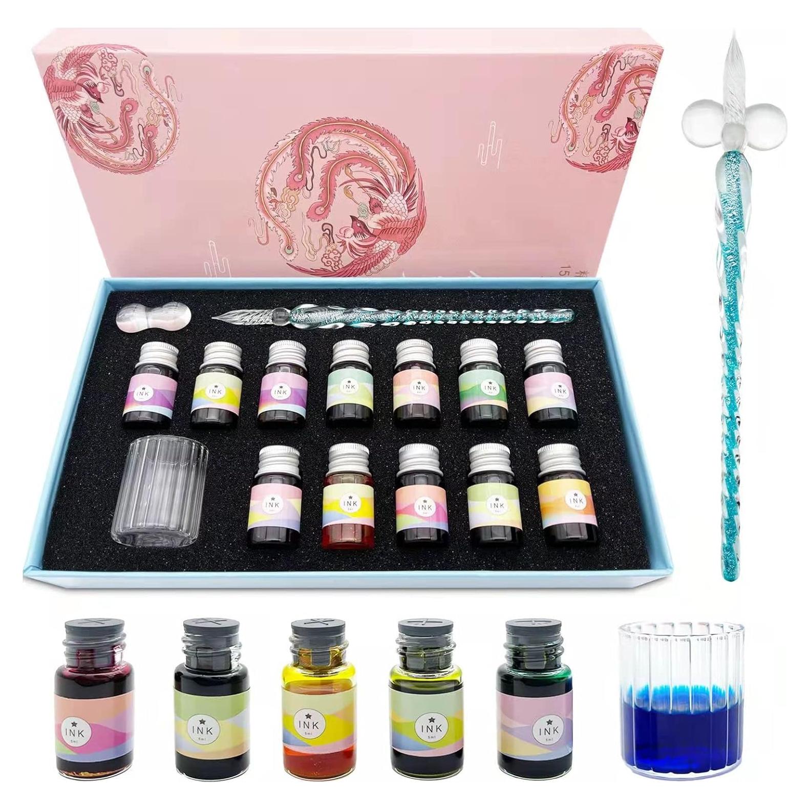 Calligraphy Dip Pen Set - 12 Colorful Inks, Glass Pen Holder, Glass, Crystal Pen for Art Writing, Drawing, Signatures, Decoration,Holiday Gift Set Calligraphy Beginners