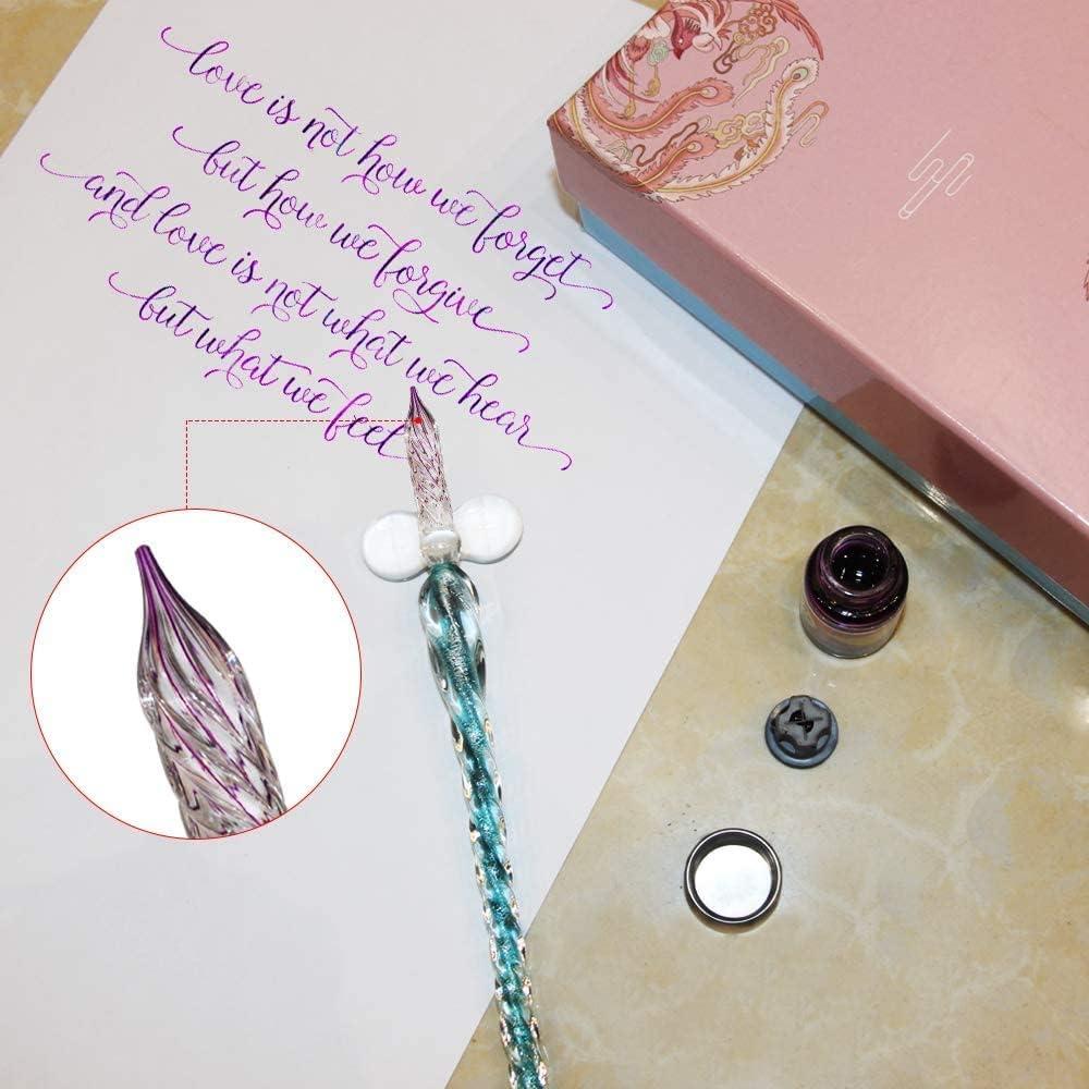 Calligraphy Dip Pen Set - 12 Colorful Inks, Glass Pen Holder, Glass, Crystal Pen for Art Writing, Drawing, Signatures, Decoration,Holiday Gift Set Calligraphy Beginners